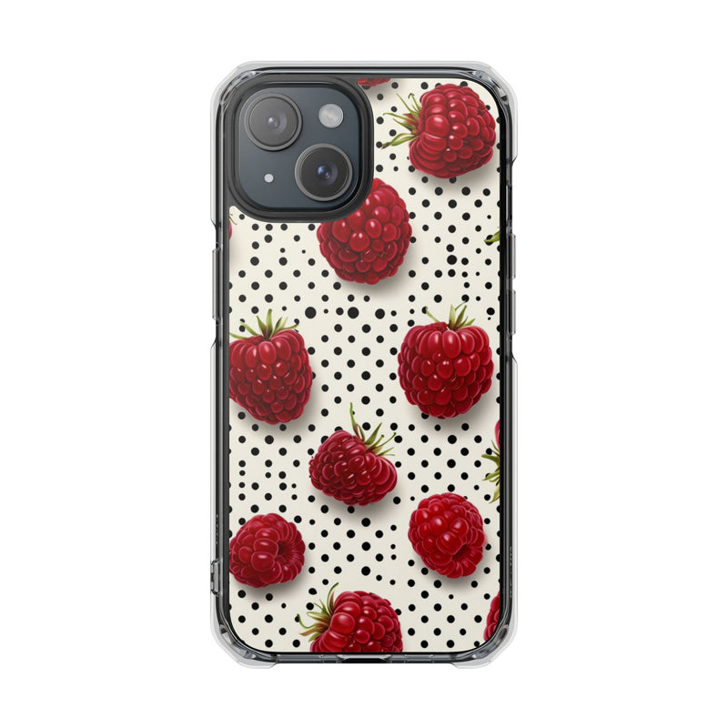 Raspberry Polka Dot iPhone Magnetic Clear Impact Case | Fruit and Dots Phone Cover | MagSafe Compatible